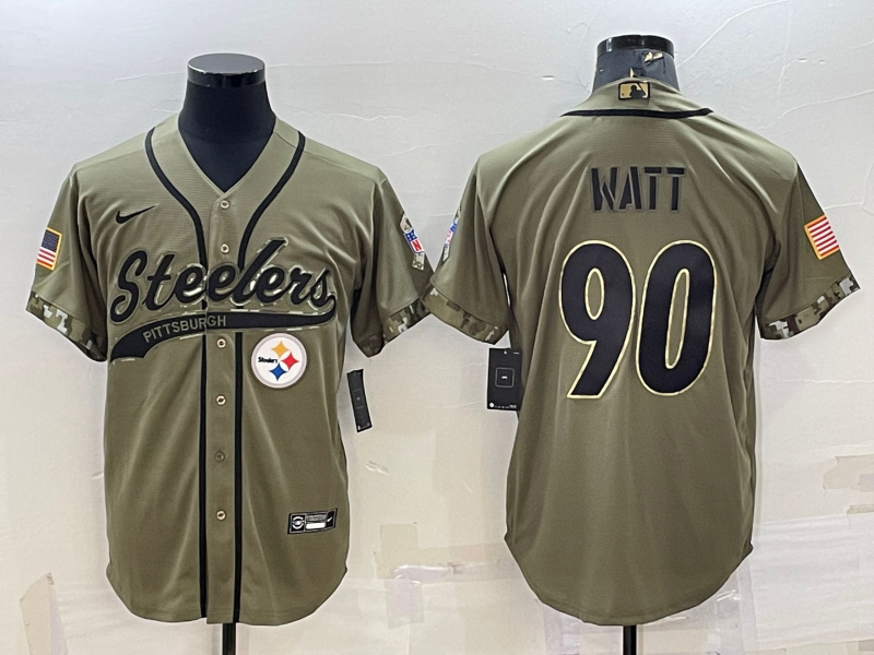 Men's Pittsburgh Steelers #90 T.J. Watt Olive 2022 Salute to Service Cool Base Stitched Baseball Jersey Men's Pittsburgh Steelers #90 T.J. Watt Olive 2022 Salute to Service Cool Base Stitched Baseball Jersey